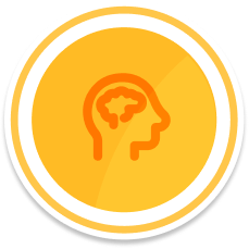 A circular yellow badge with a simple outline of a child's head with an outline of a brain in the center.
